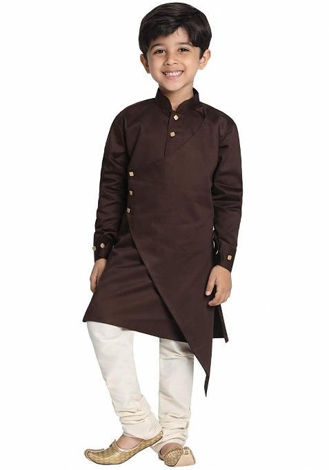 Brown Cotton Kurta Set For Boys