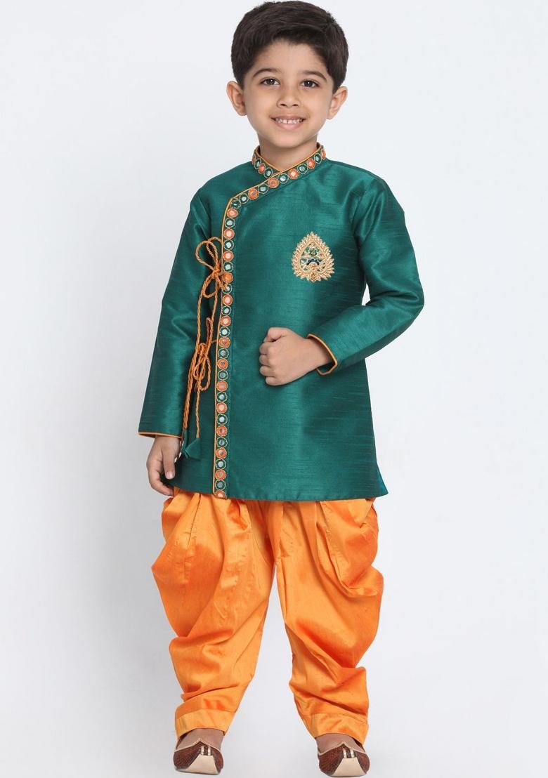 Sea Green Silk Kurta Set For Boys - Indya