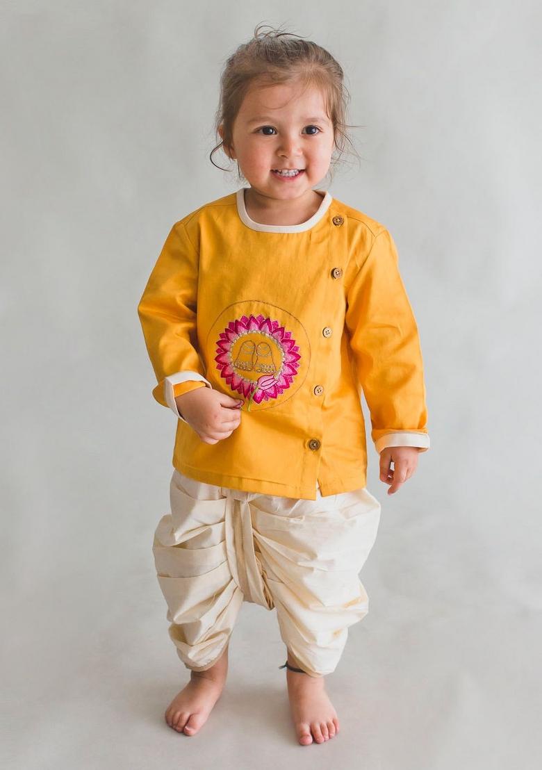 Yellow Silk Kurta Set For Boys - Indya