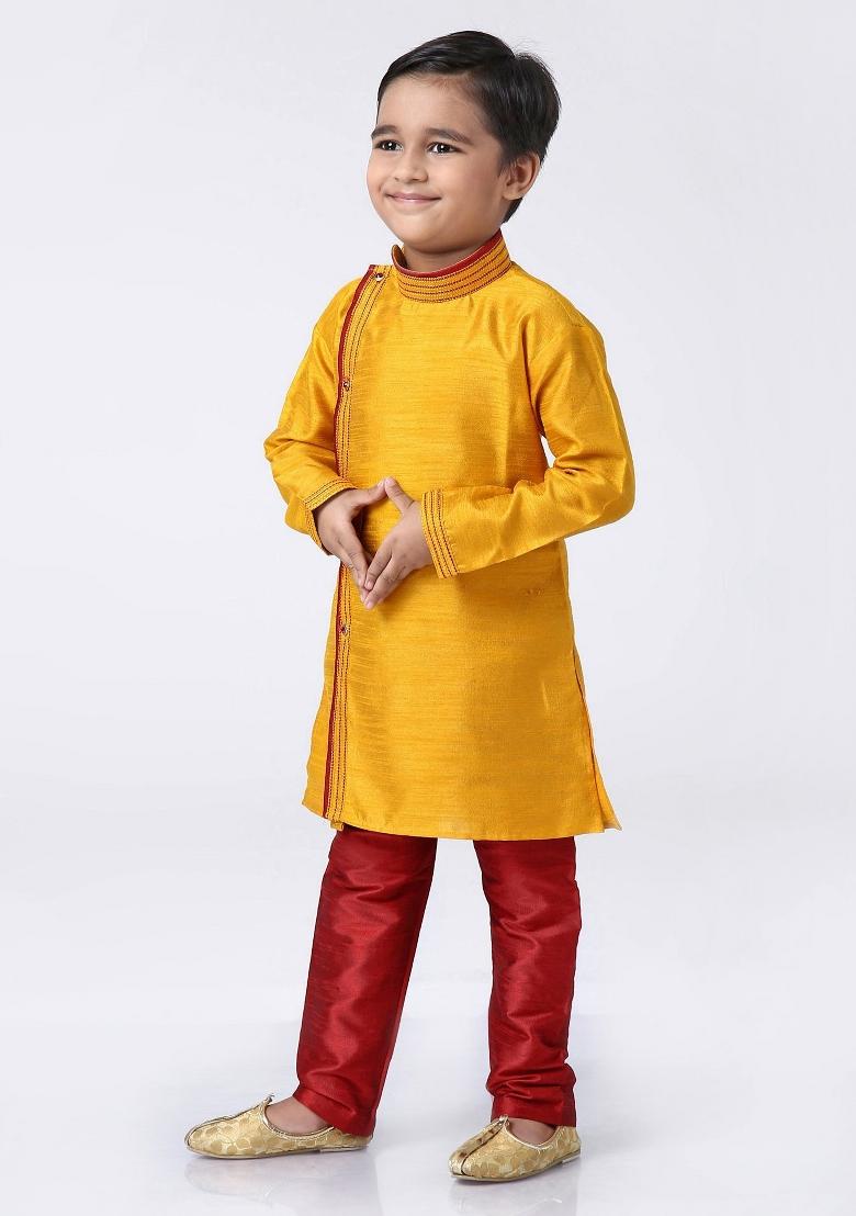 Yellow Silk Kurta Set For Boys - Indya