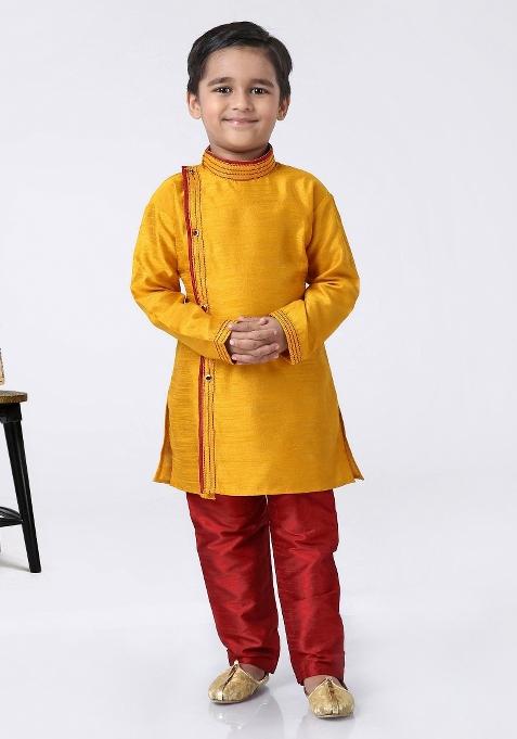 Yellow Silk Kurta Set For Boys