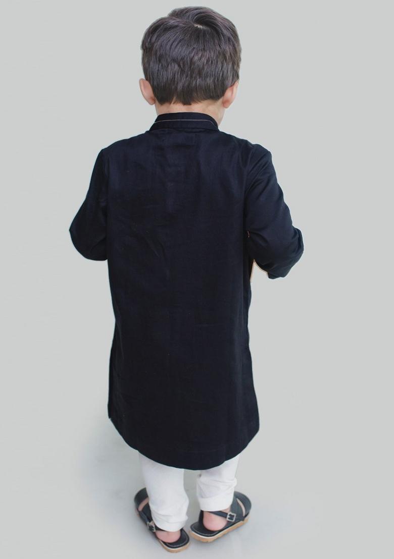 Black Cotton Kurta Set For Boys - Indya