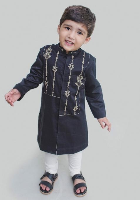 Black Cotton Kurta Set For Boys