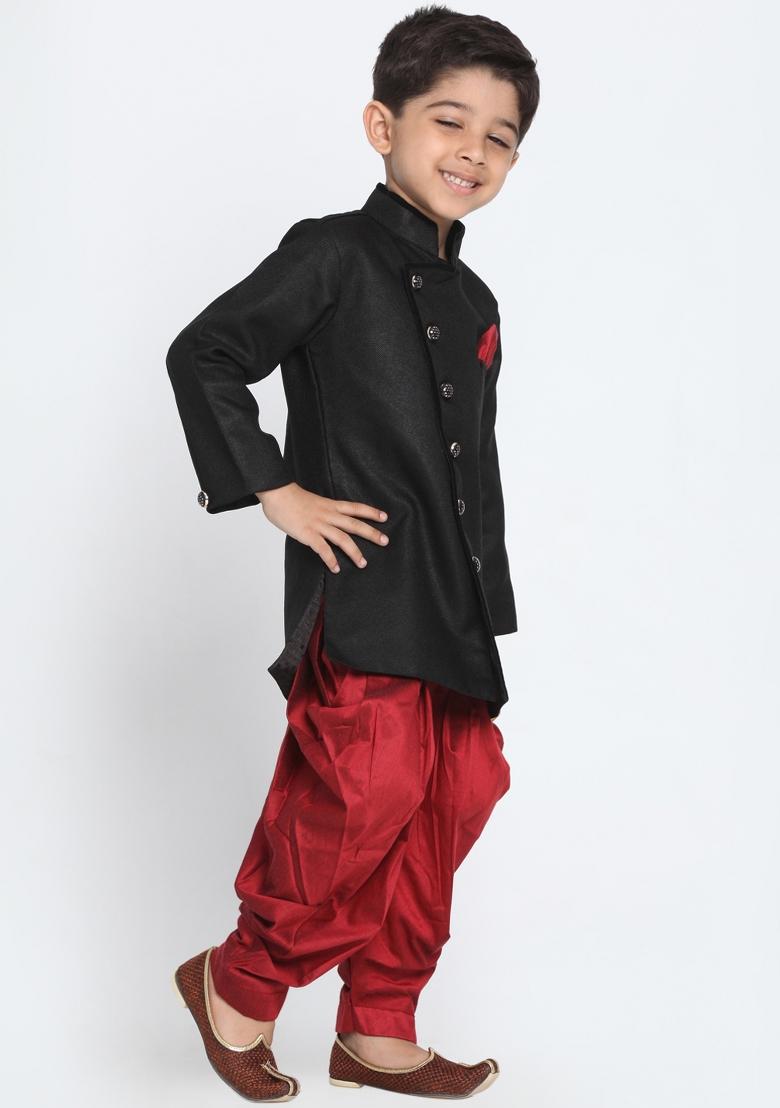 Black Silk Kurta Set For Boys - Indya