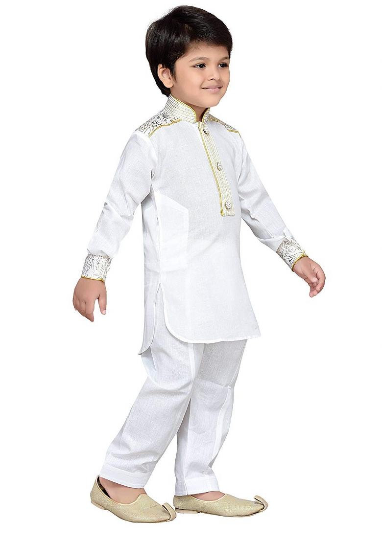 White Cotton Kurta Set For Boys - Indya