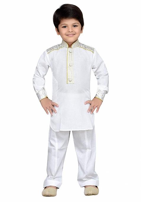White Cotton Kurta Set For Boys