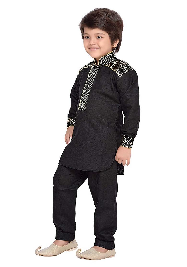 Black Cotton Kurta Set For Boys - Indya
