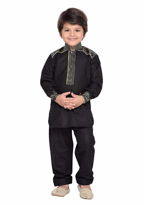 Black Cotton Kurta Set For Boys