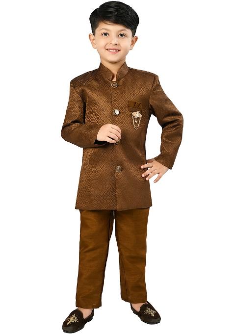 Copper Jacquard Sherwani Set For Boys