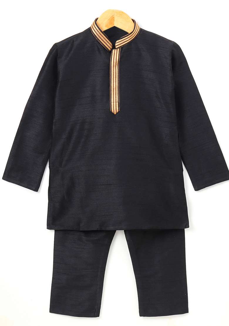 Black Woven Cotton Blend Kurta For Boys - Indya
