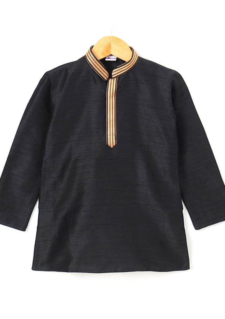 Black Woven Cotton Blend Kurta For Boys