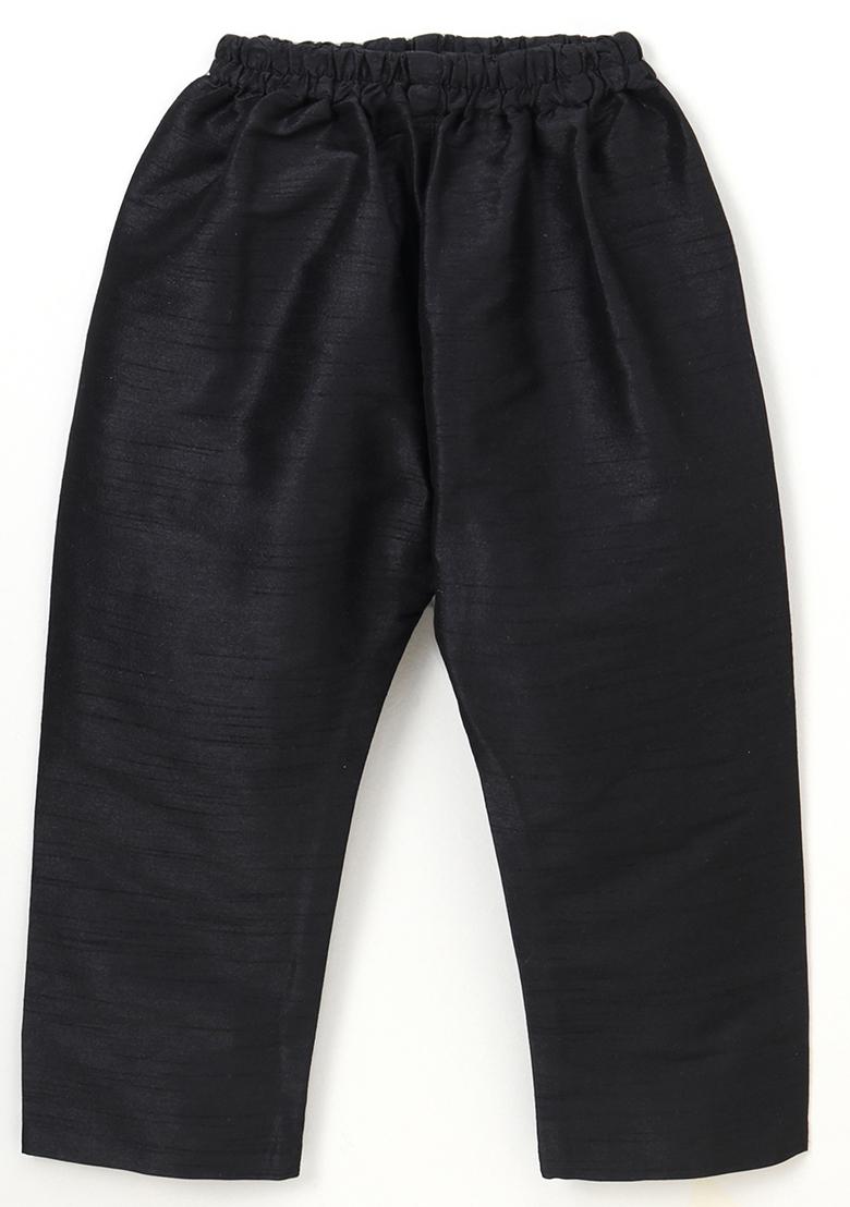 Black Woven Cotton Blend Kurta For Boys