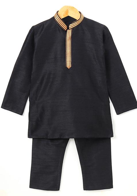 Black Woven Cotton Blend Kurta For Boys