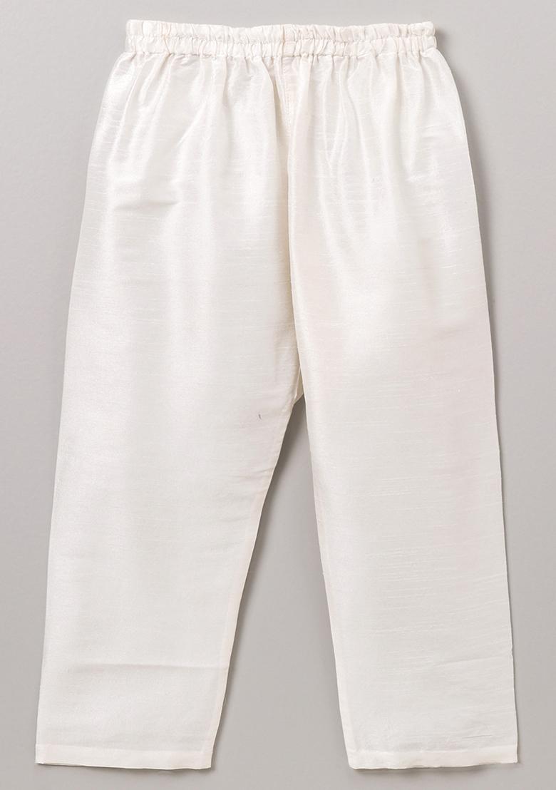 White Woven Cotton Blend Kurta For Boys