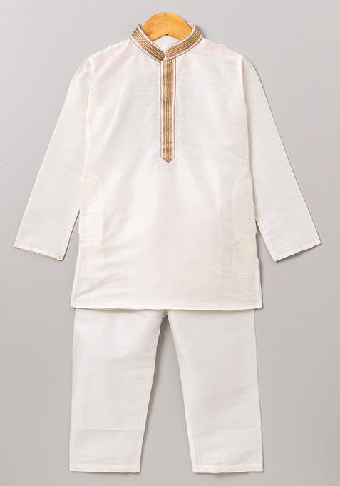 White Woven Cotton Blend Kurta For Boys