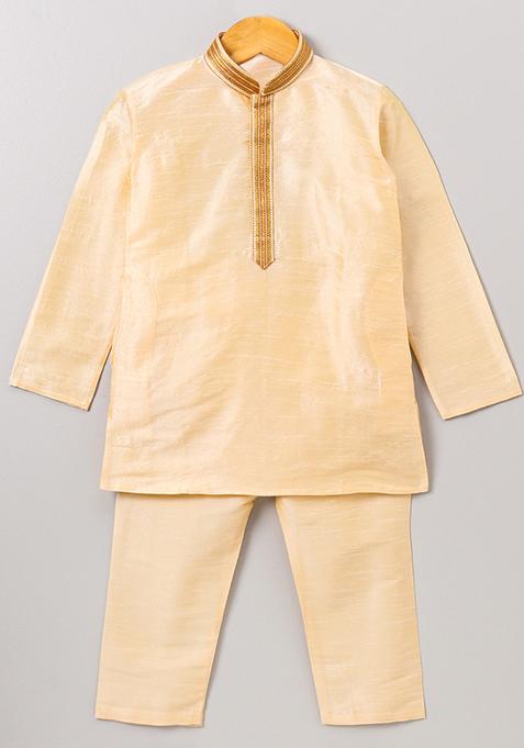 Cream Woven Cotton Blend Kurta For Boys