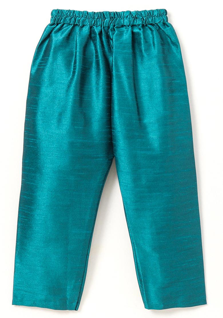 Green Woven Cotton Blend Kurta For Boys