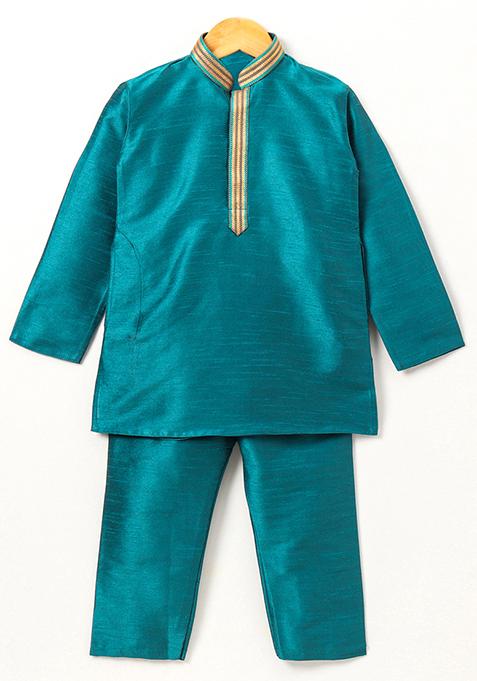 Green Woven Cotton Blend Kurta For Boys — view on Indya