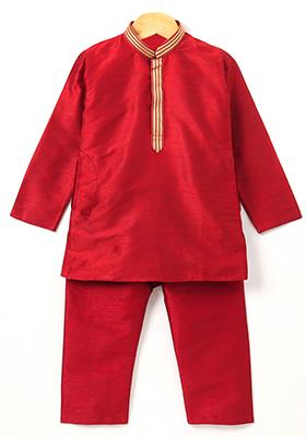 Red Woven Cotton Blend Kurta For Boys