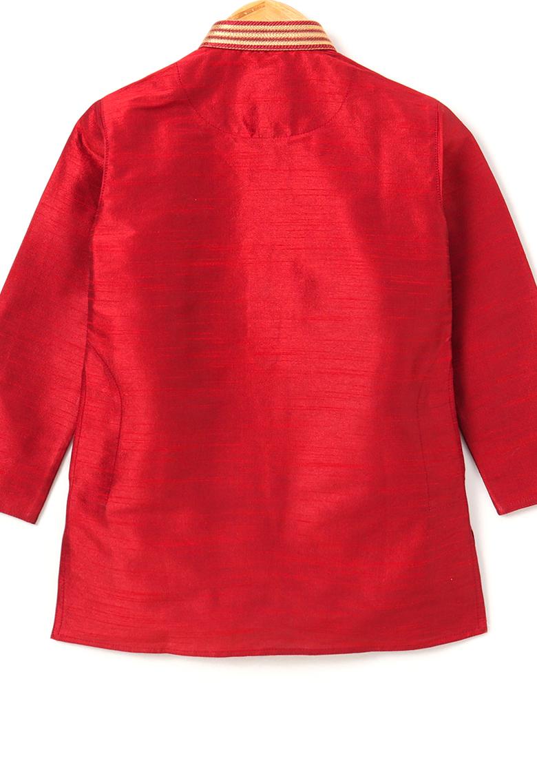 Red Woven Cotton Blend Kurta For Boys