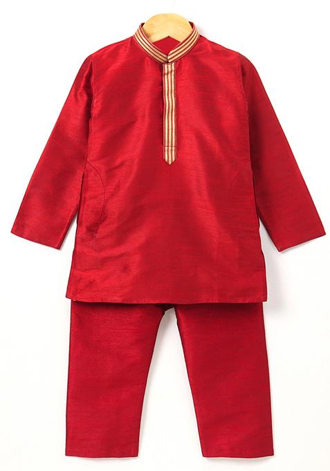 Red Woven Cotton Blend Kurta For Boys