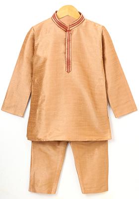 Gold Woven Cotton Blend Kurta For Boys