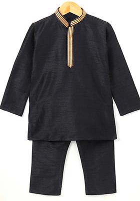Black Gota Muslin Silk Kurta Set For Boys
