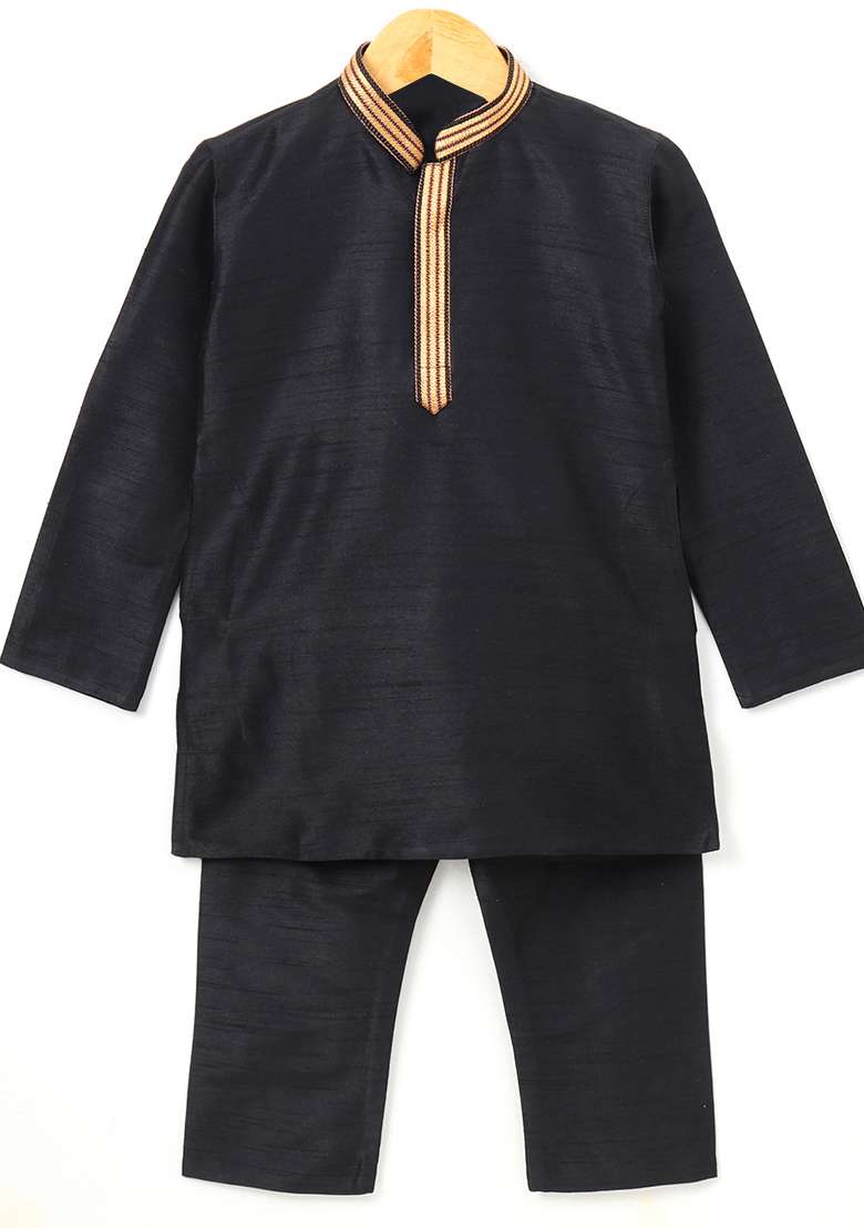 Black Gota Muslin Silk Kurta Set For Boys - Indya
