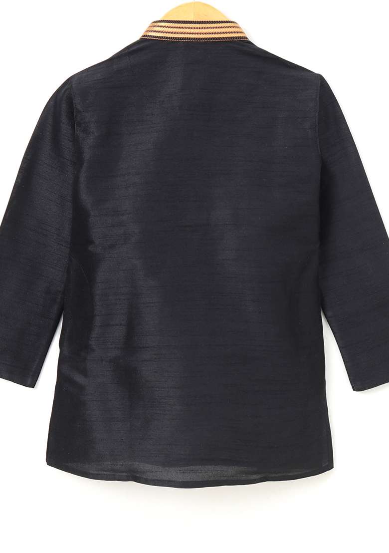 Black Gota Muslin Silk Kurta Set For Boys - Indya