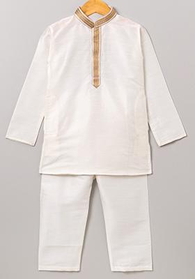 White Gota Muslin Silk Kurta Set For Boys
