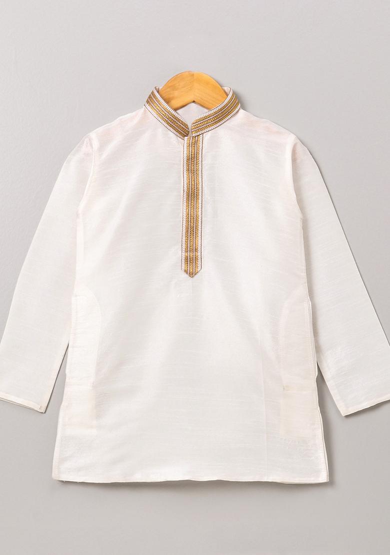 White Gota Muslin Silk Kurta Set For Boys