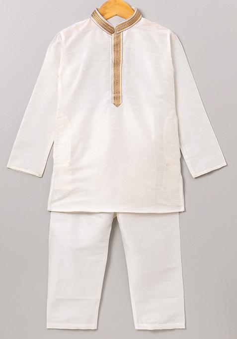 White Gota Muslin Silk Kurta Set For Boys — view on Indya