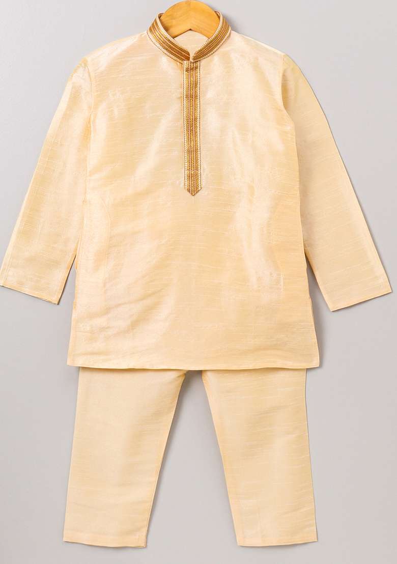 Cream Gota Muslin Silk Kurta Set For Boys - Indya
