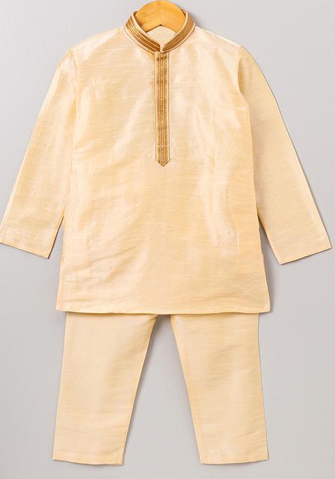 Cream Gota Muslin Silk Kurta Set For Boys