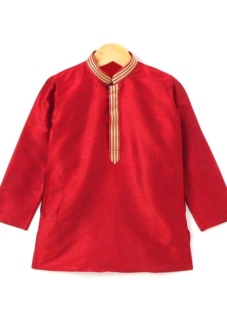 Red Gota Muslin Silk Kurta Set For Boys
