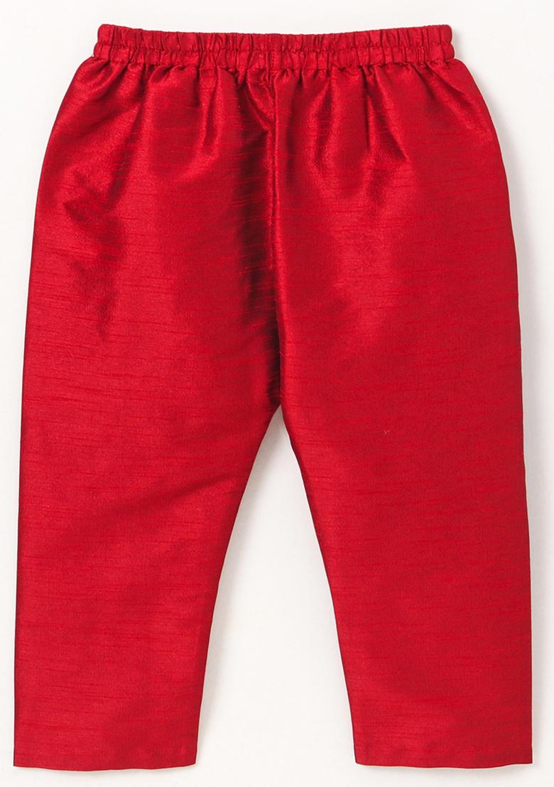 Red Gota Muslin Silk Kurta Set For Boys