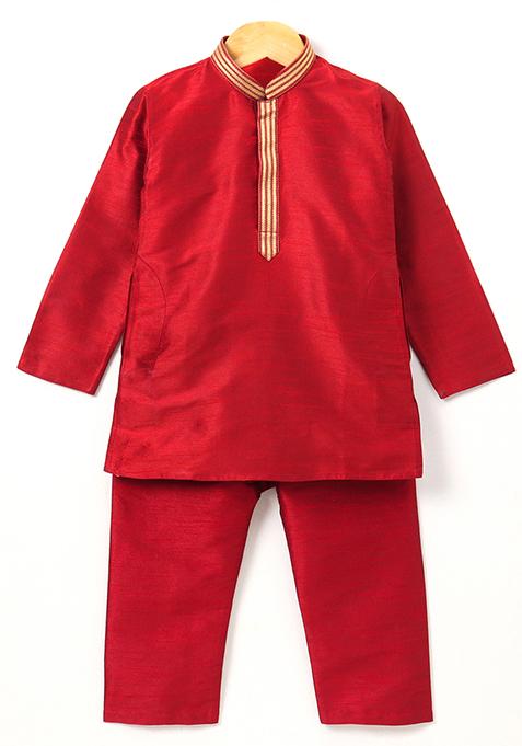Red Gota Muslin Silk Kurta Set For Boys