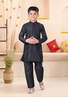 Black Embroidered Cotton Blend Kurta Set For Boys