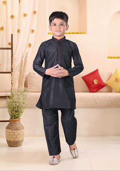 Black Embroidered Cotton Blend Kurta Set For Boys