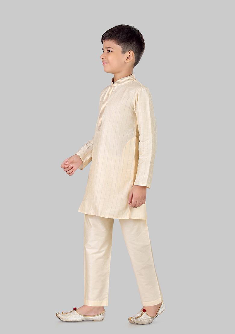 Gold Embroidered Cotton Blend Kurta Set For Boys