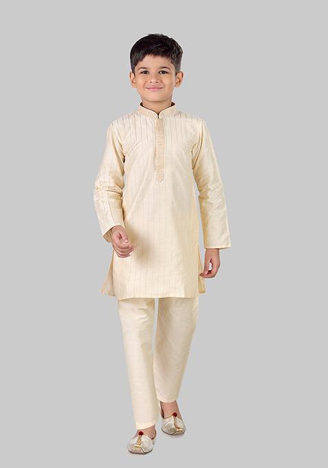 Gold Embroidered Cotton Blend Kurta Set For Boys