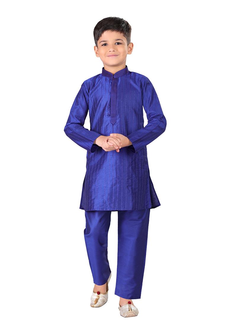 Blue Embroidered Cotton Blend Kurta Set For Boys