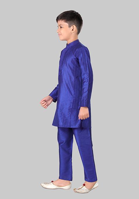 Blue Embroidered Cotton Blend Kurta Set For Boys