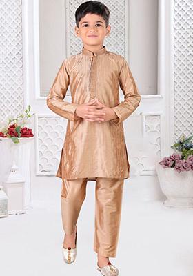 Gold Embroidered Cotton Blend Kurta Set For Boys