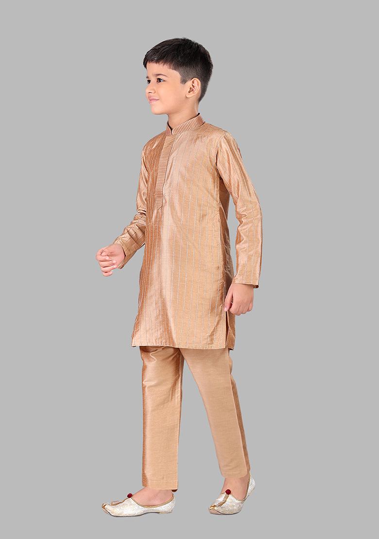 Gold Embroidered Cotton Blend Kurta Set For Boys
