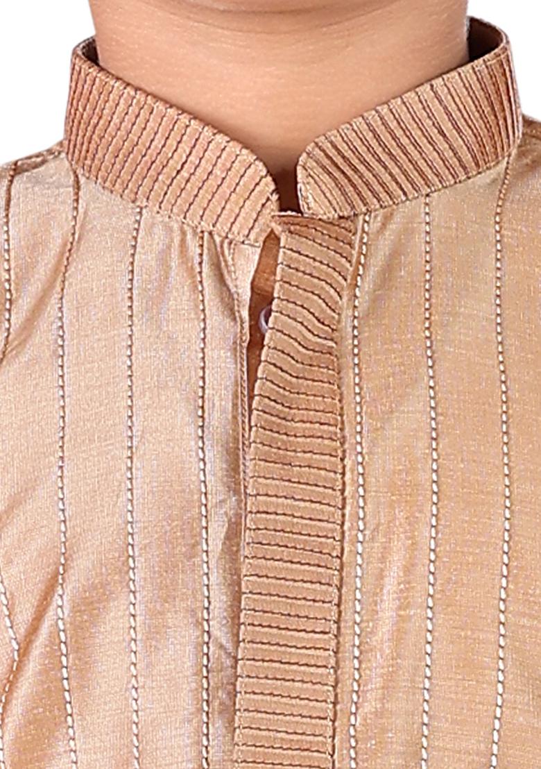 Gold Embroidered Cotton Blend Kurta Set For Boys