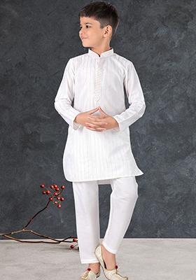 White Embroidered Cotton Blend Kurta Set For Boys