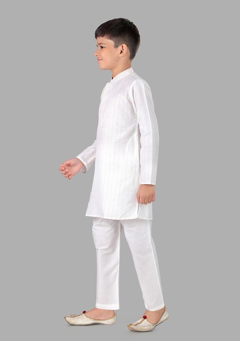 White Embroidered Cotton Blend Kurta Set For Boys
