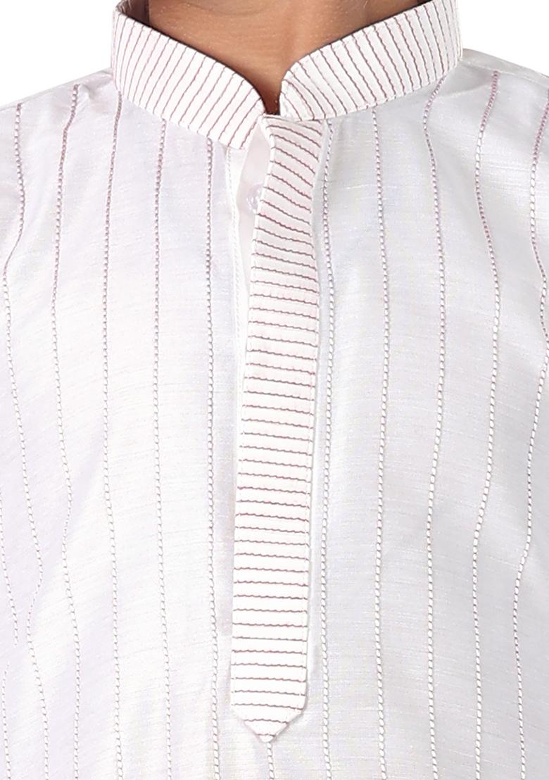 White Embroidered Cotton Blend Kurta Set For Boys