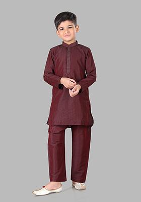 Wine Embroidered Cotton Blend Kurta Set For Boys